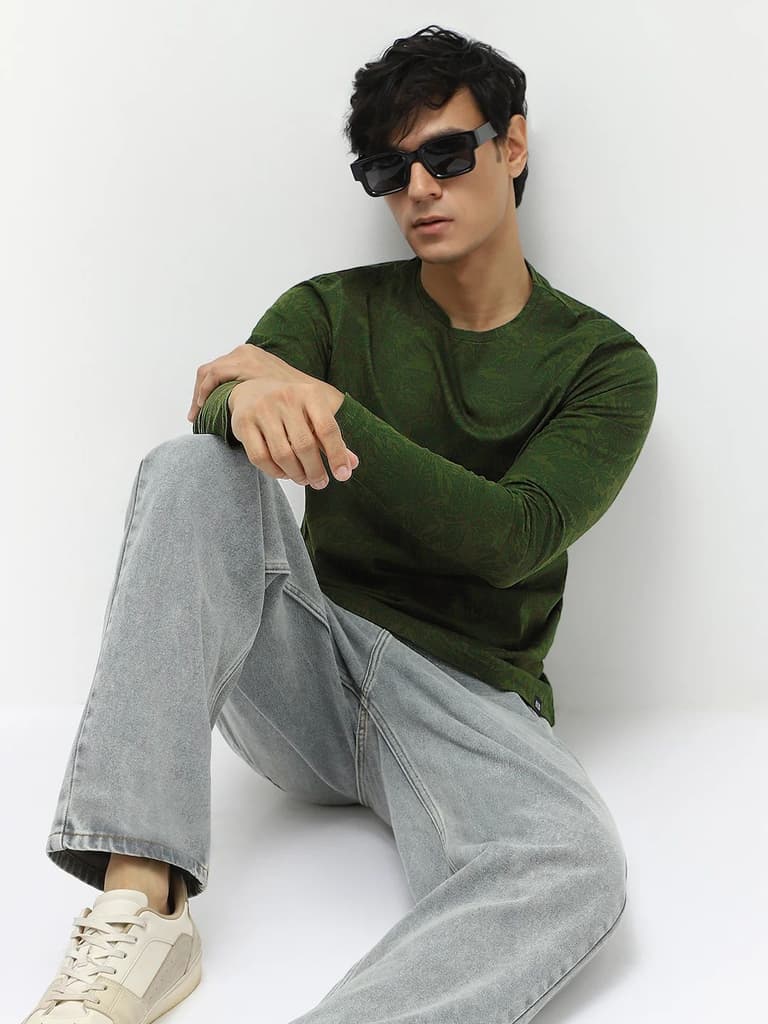 Men's Olive Green Printed Full Sleeve Slim Fit Cotton T-Shirt — photo 2