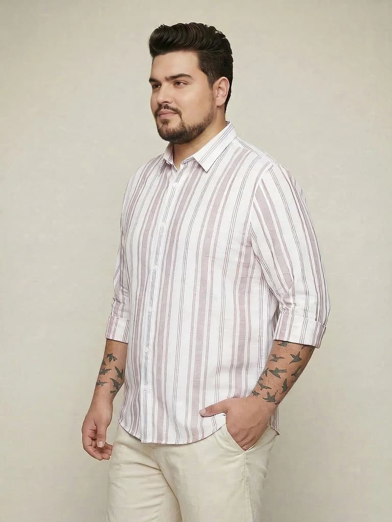 Plus Men's Lilac Cotton Full Sleeve Relaxed Fit Linen Striped Shirt with Spread Collar — photo 2