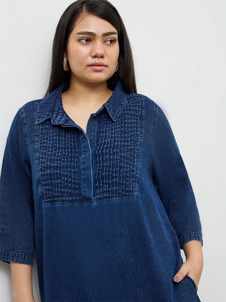 Gia Dark Blue Pintuck Denim A-Line Dress — photo 3