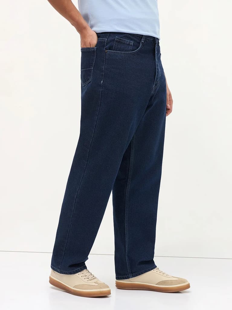 Men's Blue Loose Baggy Fit Raw Washed Denim Jeans Non-Stretchable — photo 3