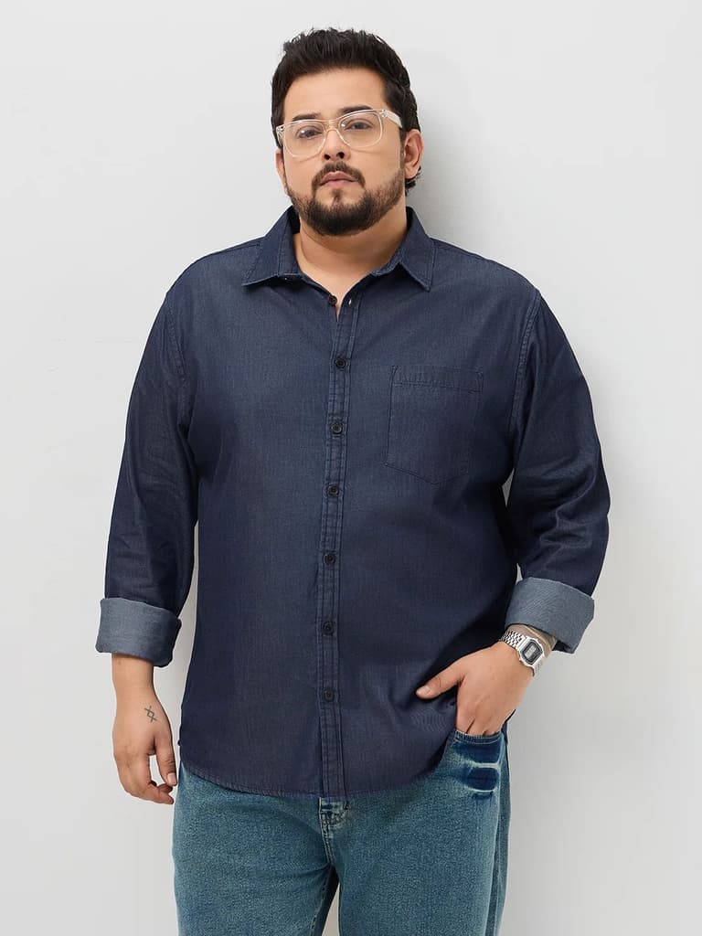 Plus Men's Dark Blue Regular Fit Full Sleeve Solid Denim Shirt — photo 2