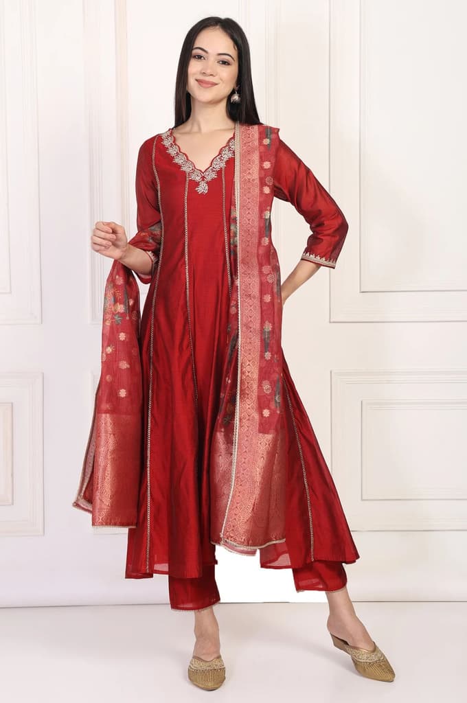 Maroon Embroidered Anarkali Art Silk Kurta with Straight Pant and Dupatta Set — photo 2