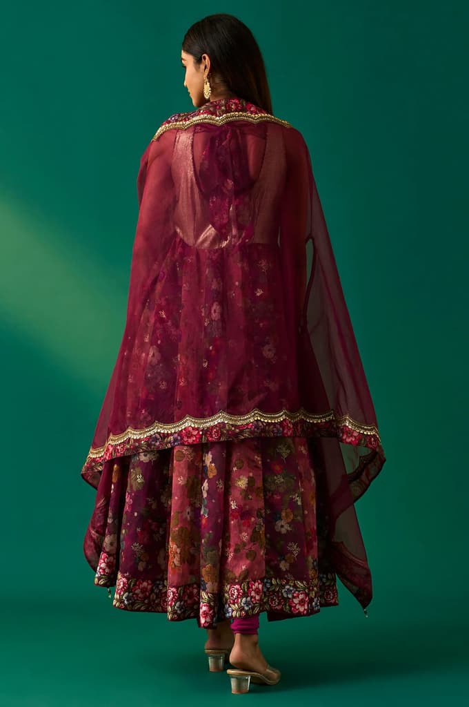 Maroon Floral Printed Embellished Anarkali Crepe Dress with Churidar and Cape Set — photo 4