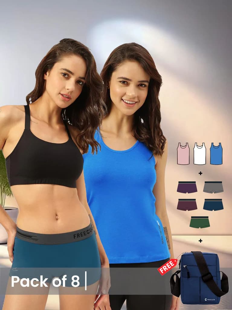 Women's Innerwear set (Pack of 8) with Free Sling Bag — Midnight Blue; Sangria Wine; Seaweed Green; Smoke Grey; Trippy Violet; White; Pilot Blue; Peach / S / S