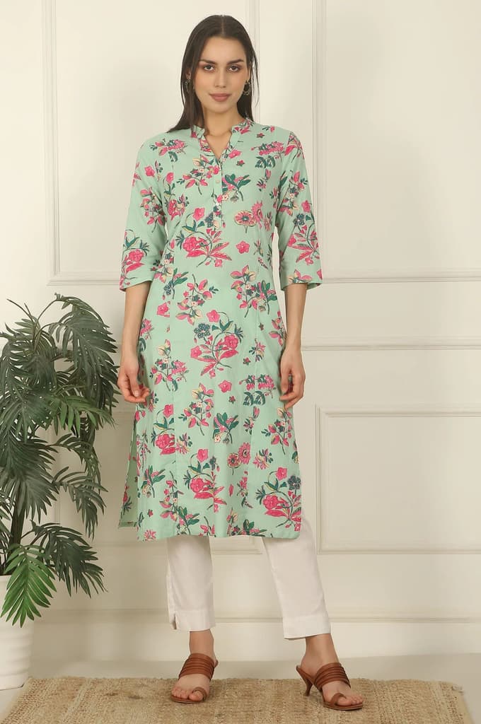 Mint Green Floral Printed Cotton Straight Kurta — photo 3