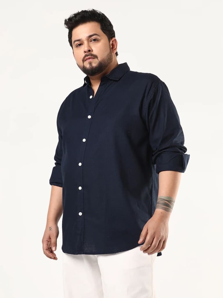 Plus Men's Navy Linen Blend Full Sleeve Relaxed Fit Casual Solid Shirt — photo 2