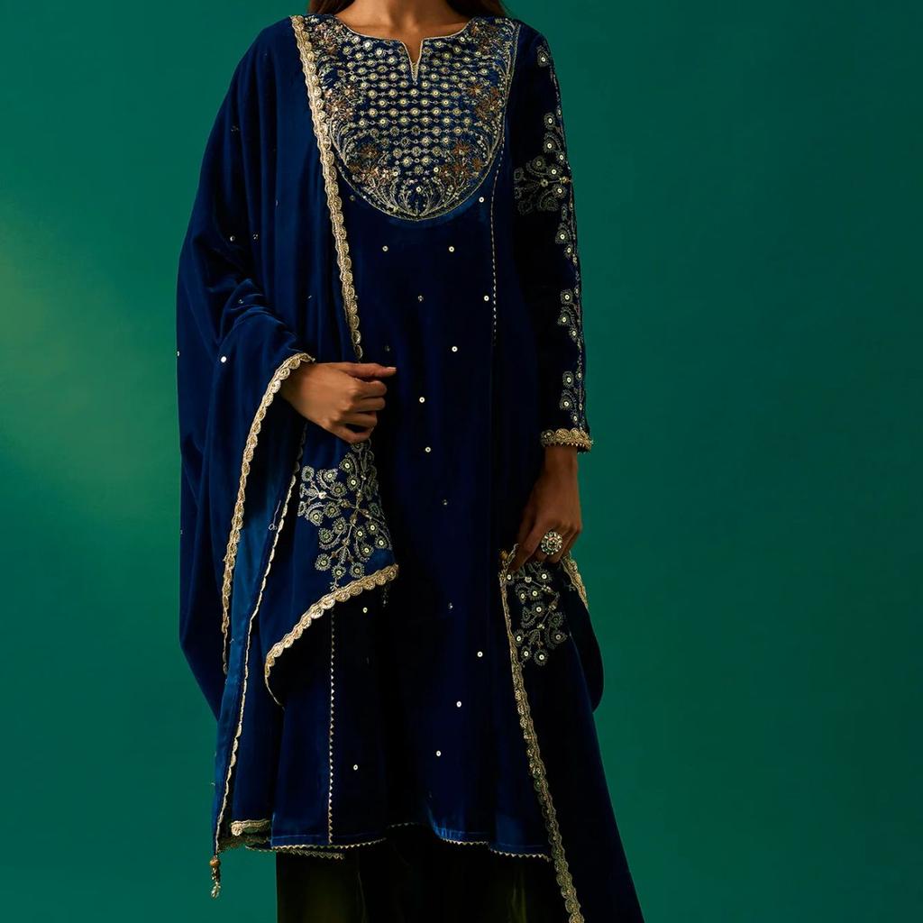 Blue Embroidered Anarkali Velvet Kurta with Salwar and Dupatta Set