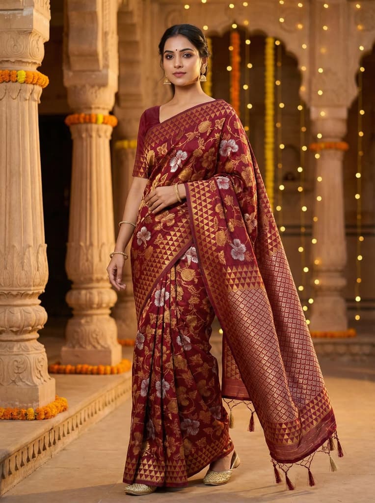 MIMOSA Women's Woven Design Kanjivaram Style Art Silk Saree with Blouse Piece - Maroon ( SA00003152MRFREE ) — Default Title