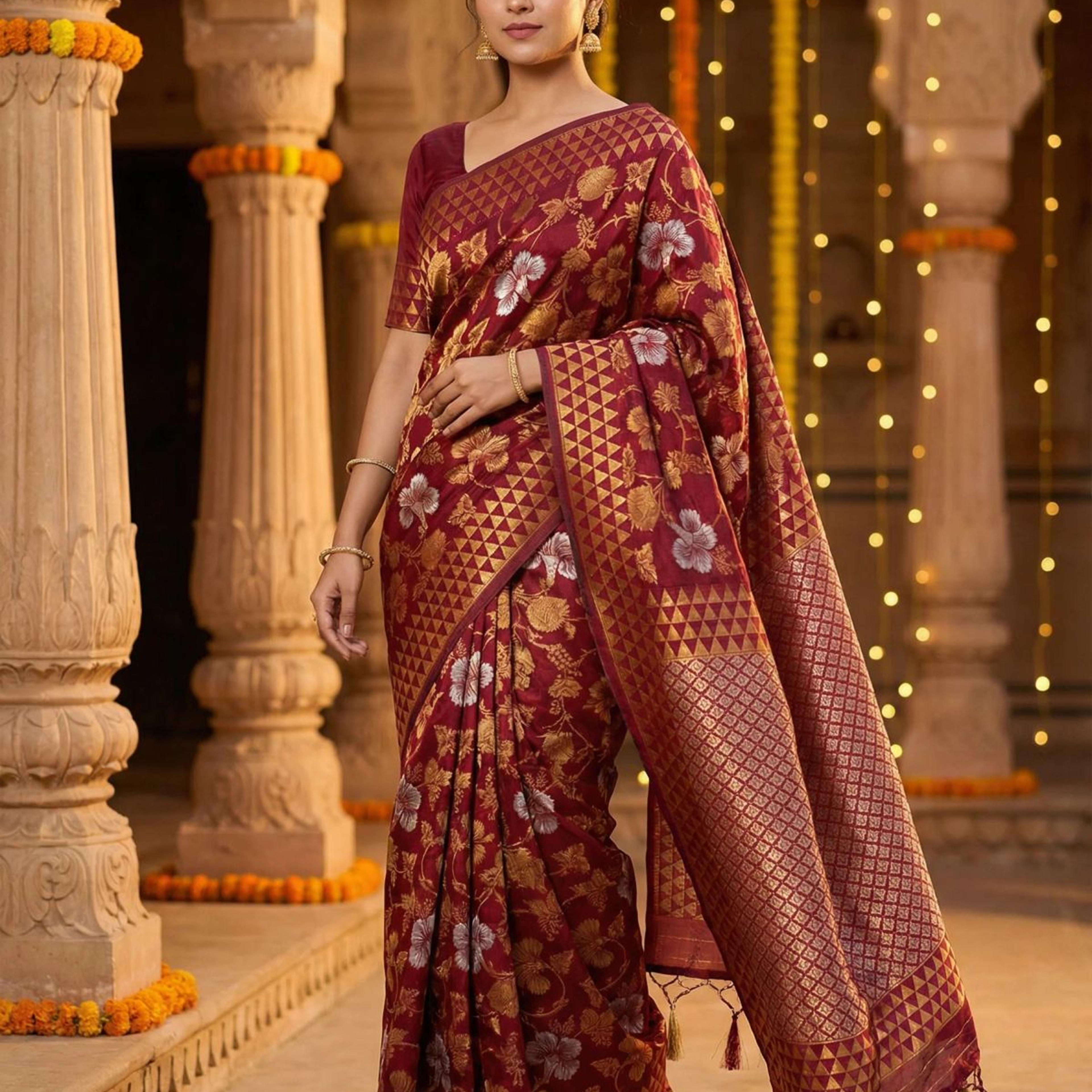 MIMOSA Women's Woven Design Kanjivaram Style Art Silk Saree with Blouse Piece - Maroon ( SA00003152MRFREE )