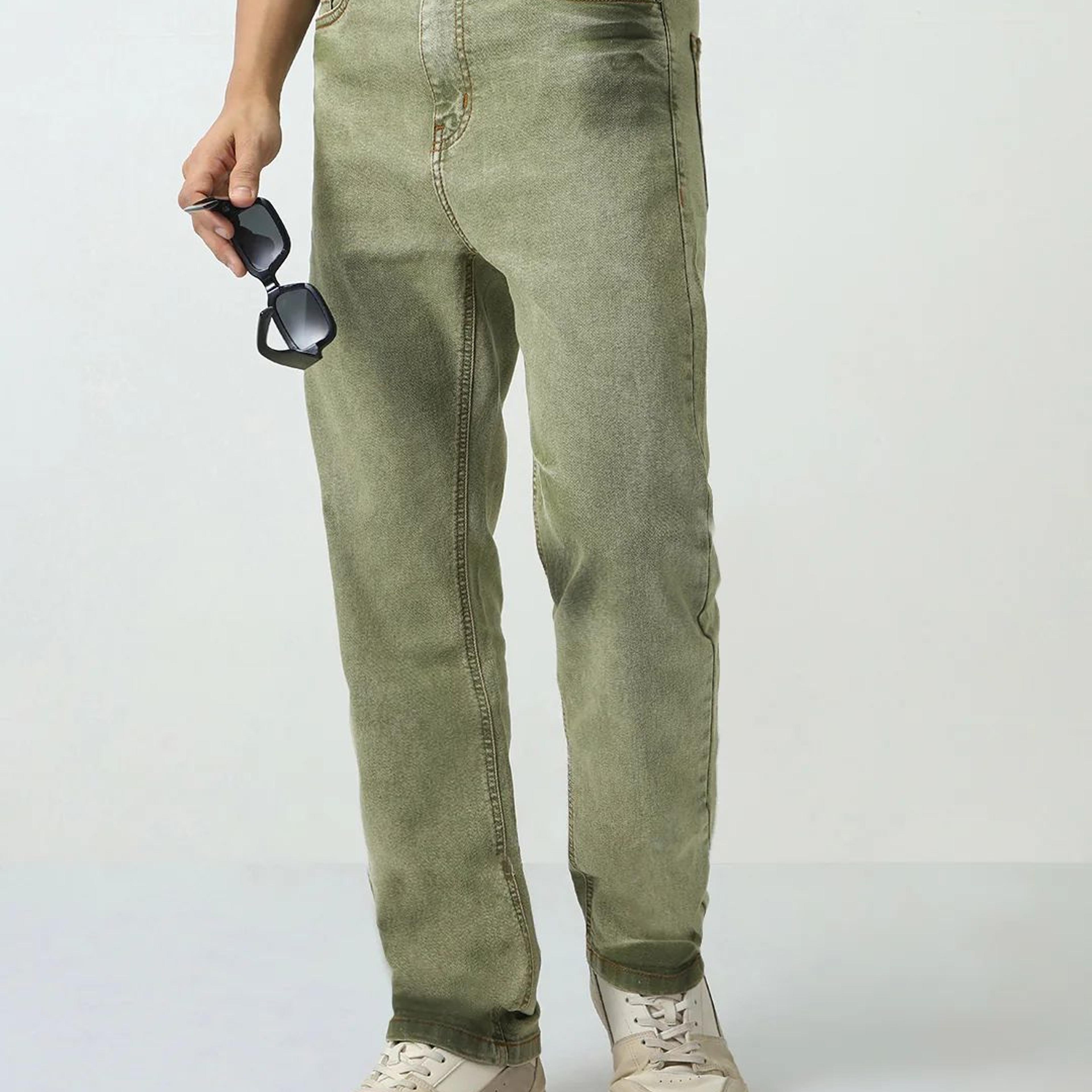 Men's Light Green Straight Fit Heavy Washed Jeans Stretchable