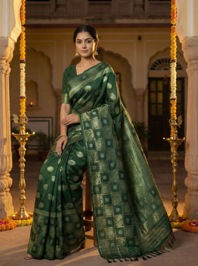MIMOSA Women's Woven Design Banarasi Style Chiffon Saree with Blouse Piece - Green ( SA00003124GRNFREE ) — photo 4
