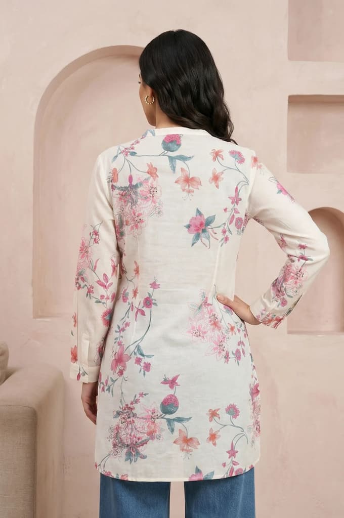 Off White Floral Printed Pure Cotton Straight Tunic — photo 5