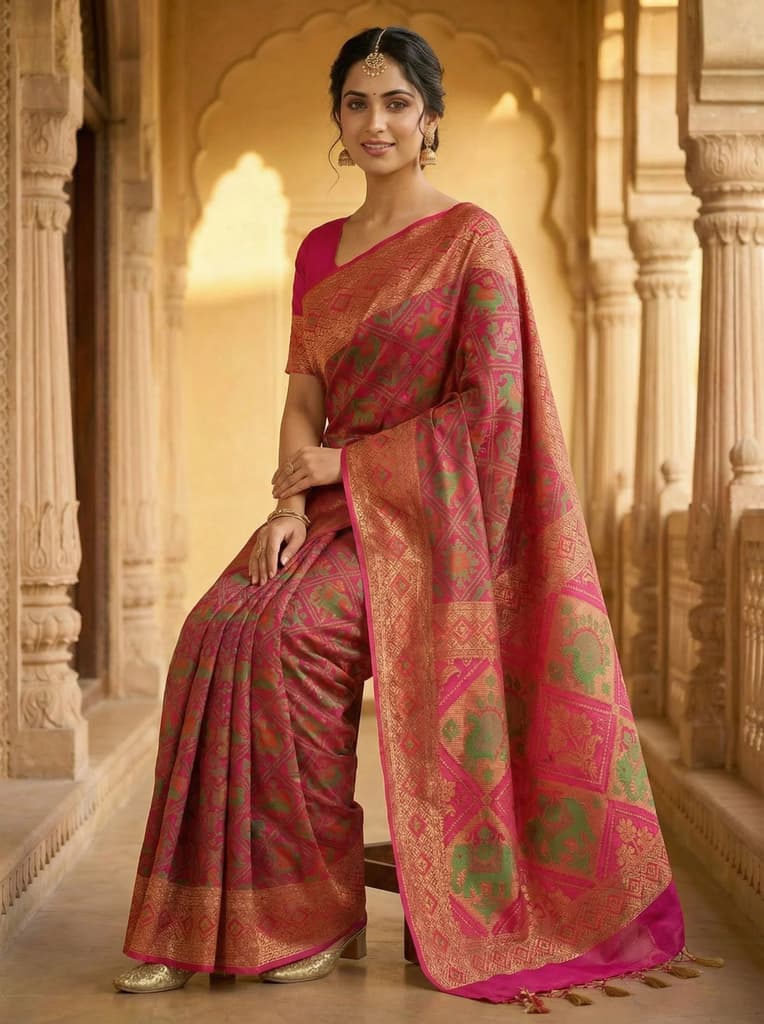 MIMOSA Women's Woven Design Paithani Style Raw Silk Saree with Blouse Piece - Rani ( SA00003128RNFREE ) — photo 3