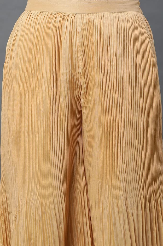 Gold Solid Flared Silk Palazzo With Pleats — photo 6
