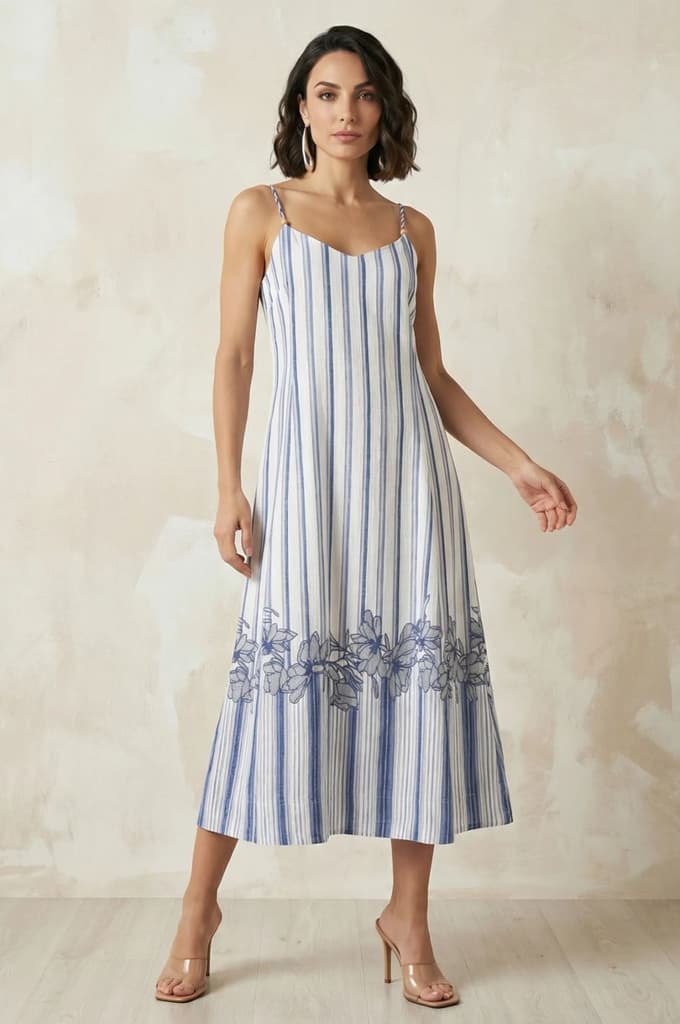 White Striped Floral Printed Noodle Straps Rayon A-line Western Dress — XS