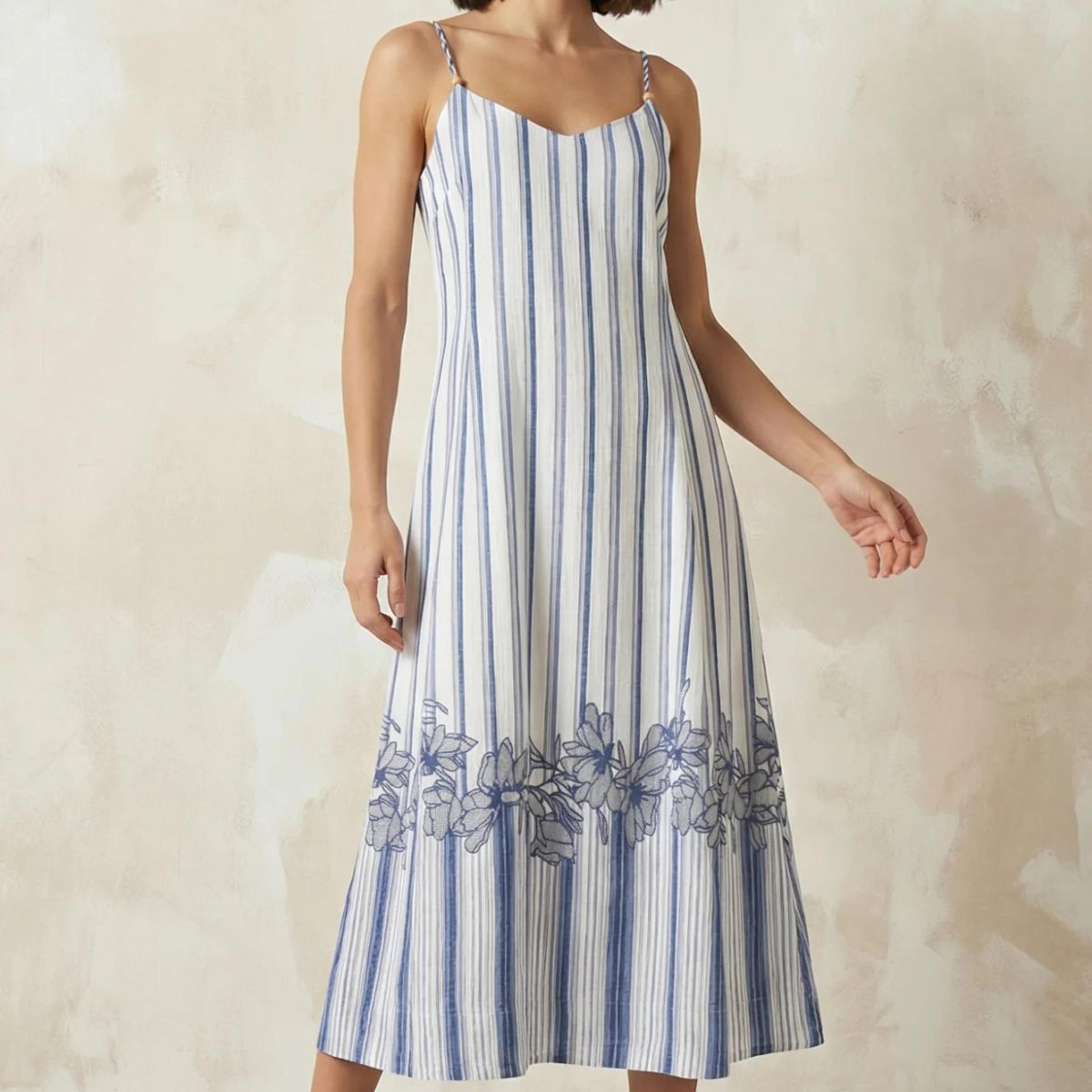 White Striped Floral Printed Noodle Straps Rayon A-line Western Dress
