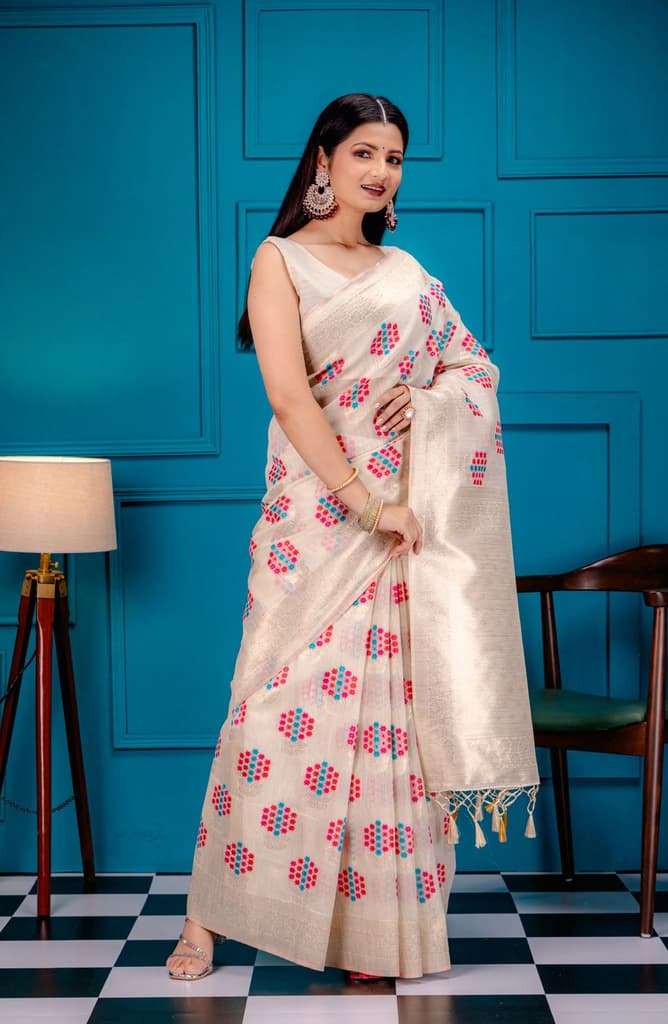 Mimosa Women's Woven Design Banarasi Style Art Silk Saree With Blouse Piece : SA00001595OFWFREE — Offwhite