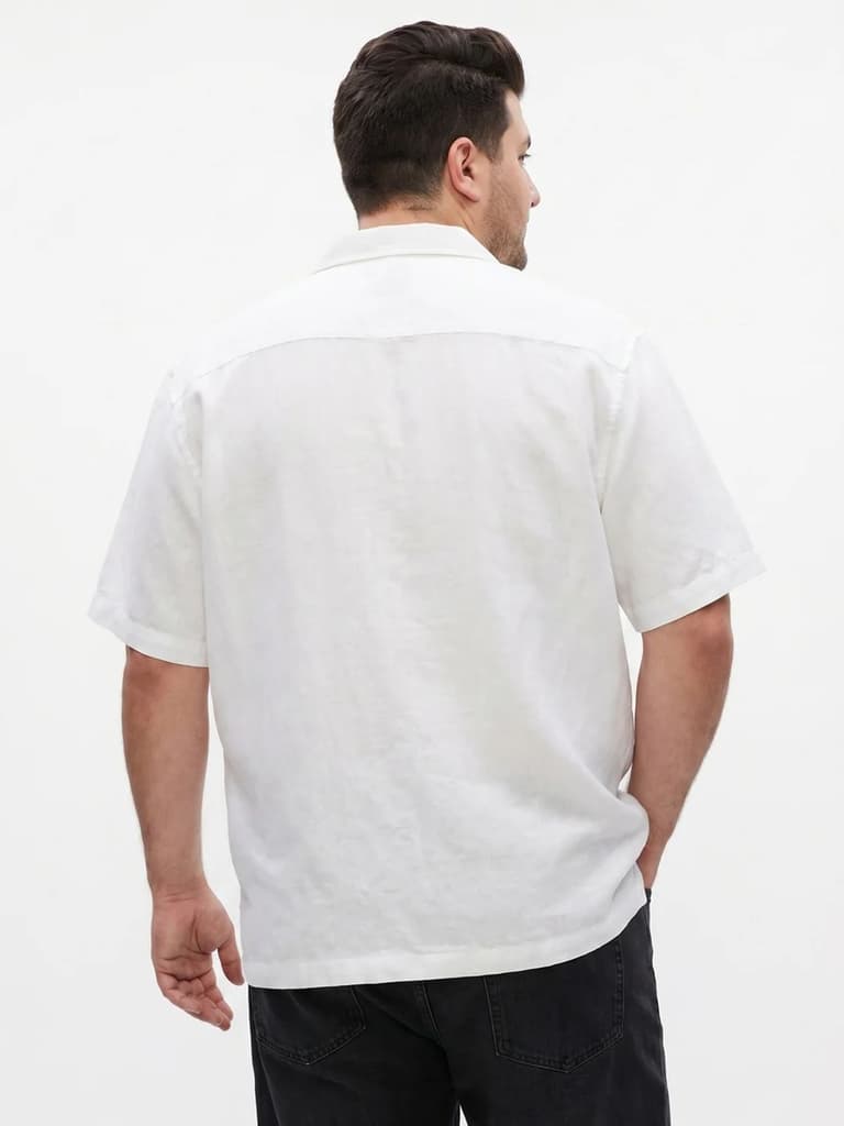 Plus Men's White Linen Half Sleeve Oversized Fit Shirt with Cuban Collar — photo 3