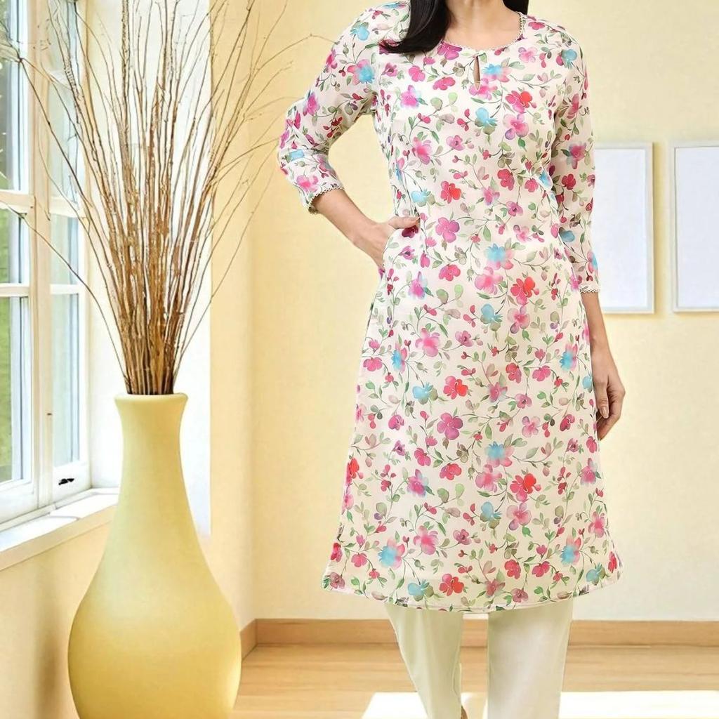 Off-White Straight Kurta in Multi-coloured Floral Print