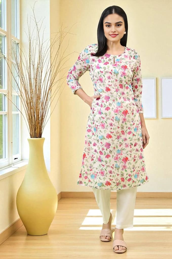 Off-White Straight Kurta in Multi-coloured Floral Print