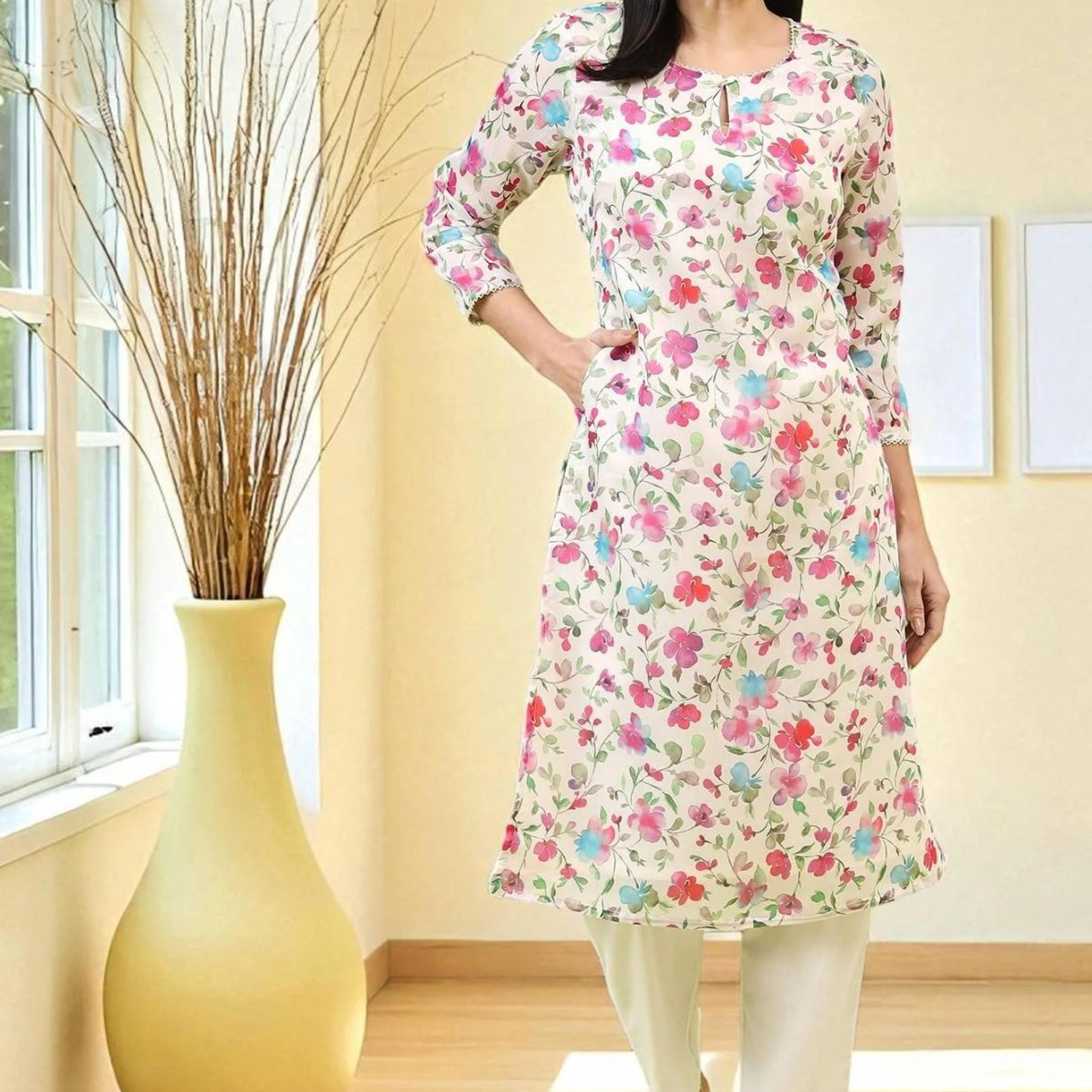 Off-White Straight Kurta in Multi-coloured Floral Print