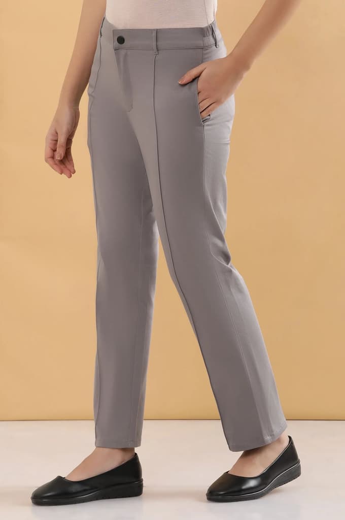 Grey Solid Straight Fit Cotton Pants With Pintuck Detail — photo 3