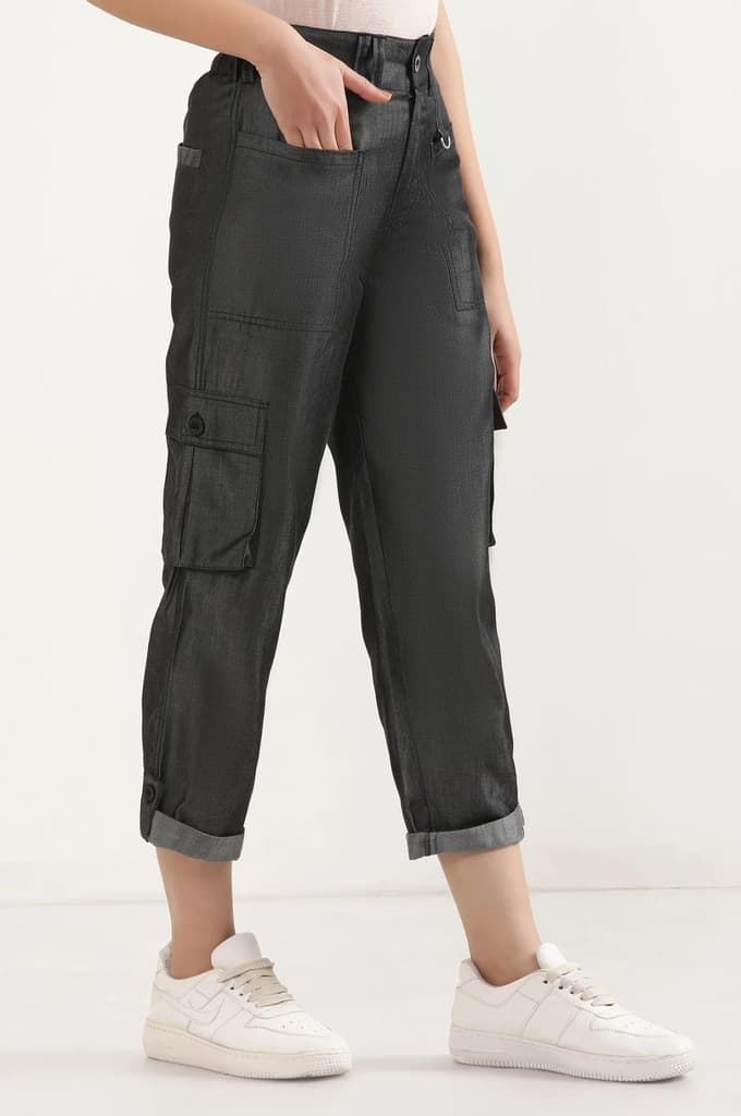 Black Solid Straight Fit Lyocell Pants With Elasticated Waist — photo 5