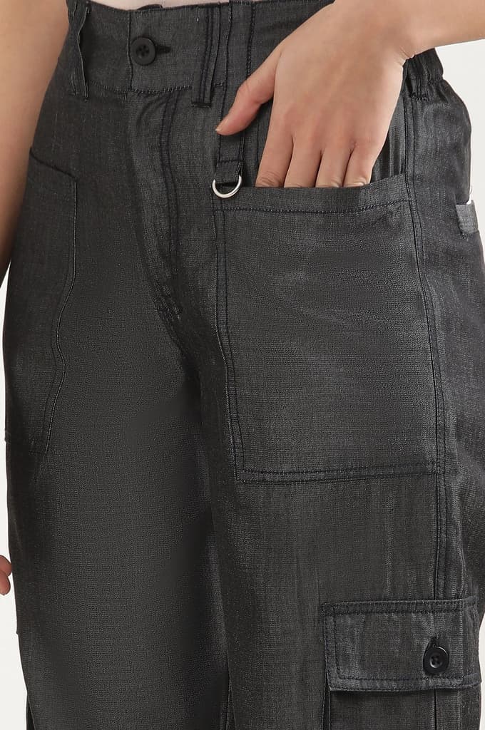 Black Solid Straight Fit Lyocell Pants With Elasticated Waist — photo 7