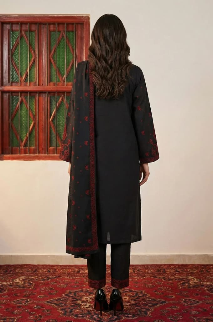 Black Floral Printed Jacquard Straight Kurta with Pants and Dupatta Set — photo 4