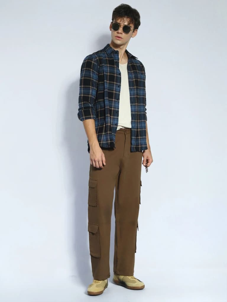 Men's Brown Loose Baggy Fit Cargo Chino Pant with 8 Pockets Stretchable — photo 5