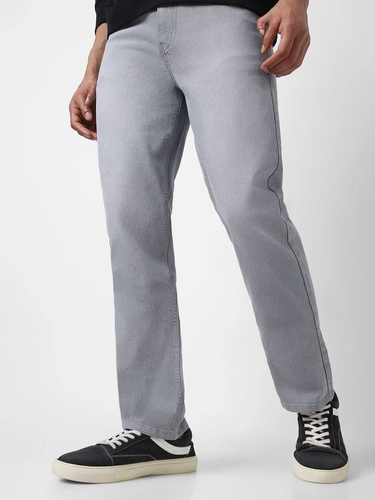 Men's Light Grey Straight Fit Washed Jeans Stretchable — photo 2