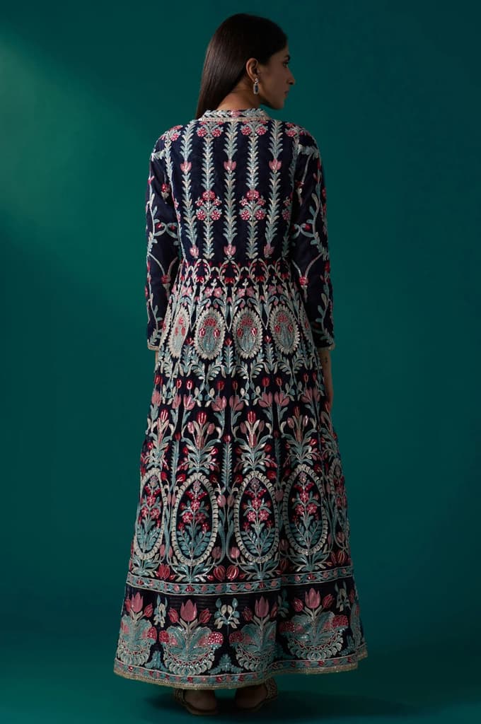 Navy Blue Aari Embroidery Panelled Jacket and Sleeveless Anarkali Dress Set — photo 6
