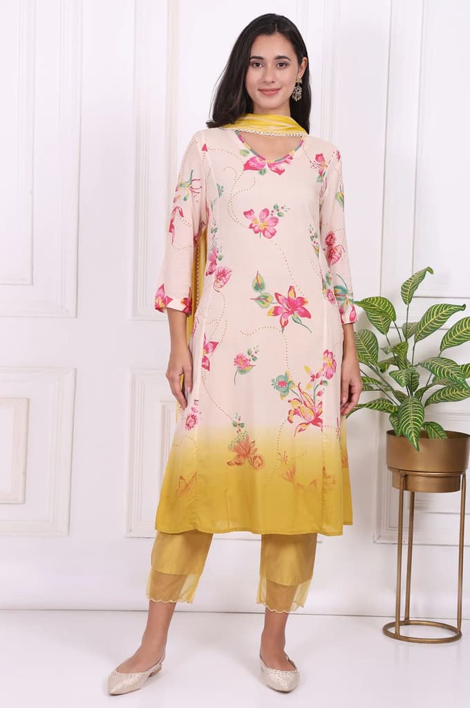 Off-White Floral Printed Modal A-Line Kurta with Straight Pant and Dupatta — photo 2