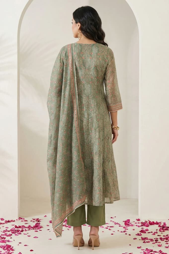 Olive Floral Printed Mirror Work Chanderi A-line Kurta with Straight Pants and Dupatta Set — photo 5