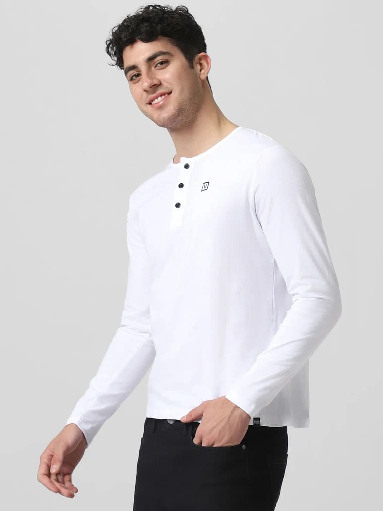 Men's White Solid Henley Neck Slim Fit Cotton T-Shirt — photo 2