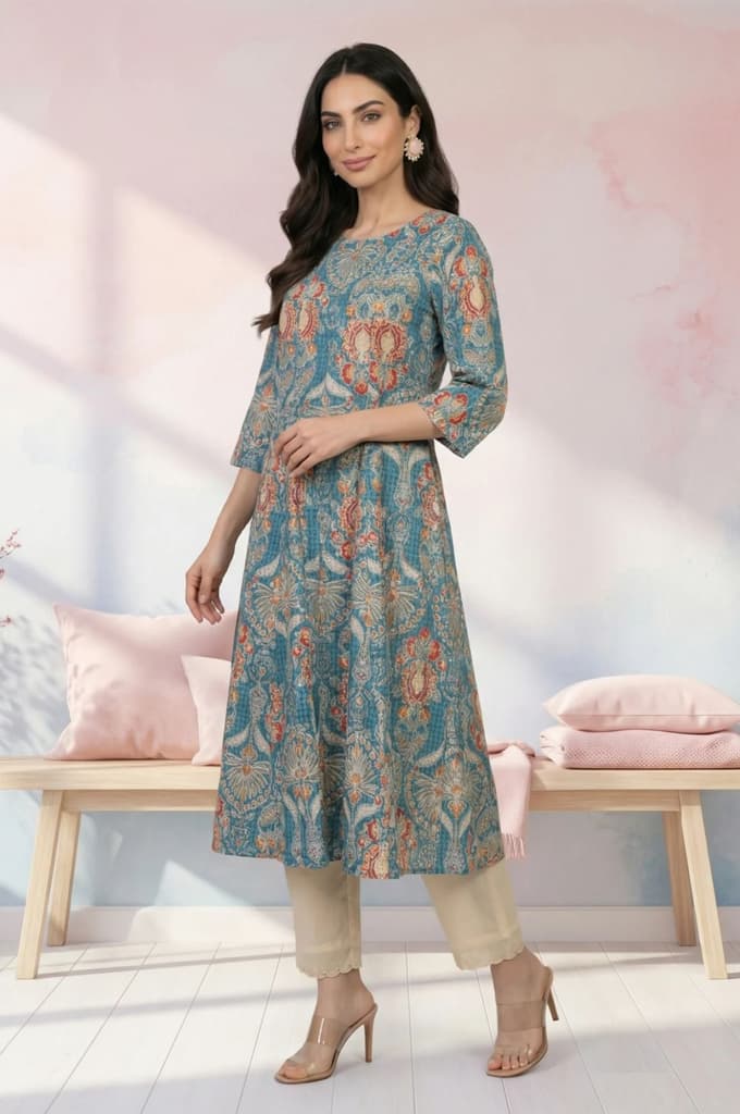 Teal Floral Printed Pure Cotton A-line Kurta — photo 3
