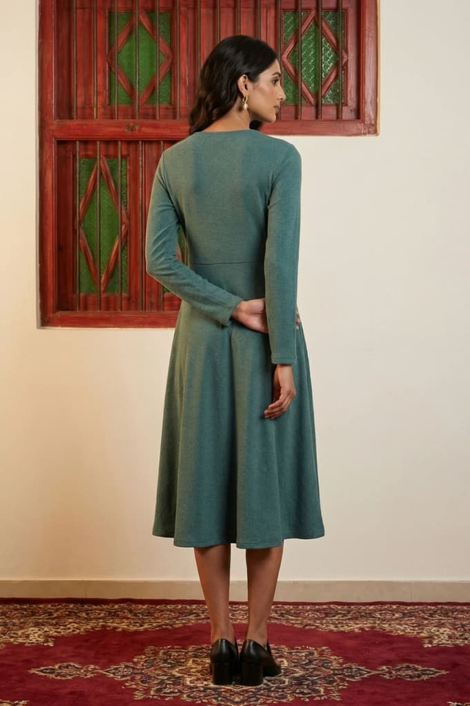 Teal Solid Beadwork Flared Winter Dress — photo 5