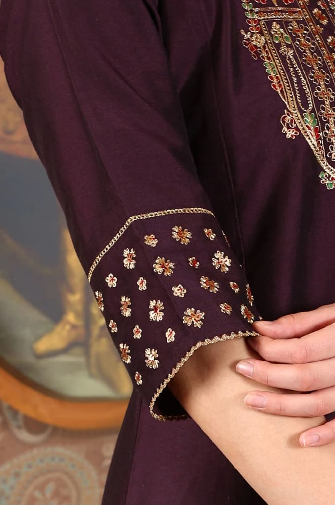Wine Embroidered A-Line Silk Blend Kurta with Straight Pant and Dupatta Set — photo 7