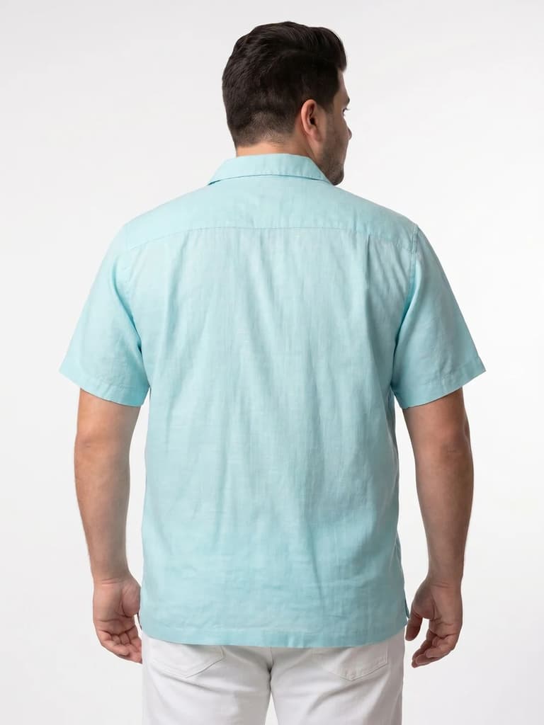 Plus Men's Sky Blue Linen Half Sleeve Oversized Fit Shirt with Cuban Collar — photo 3