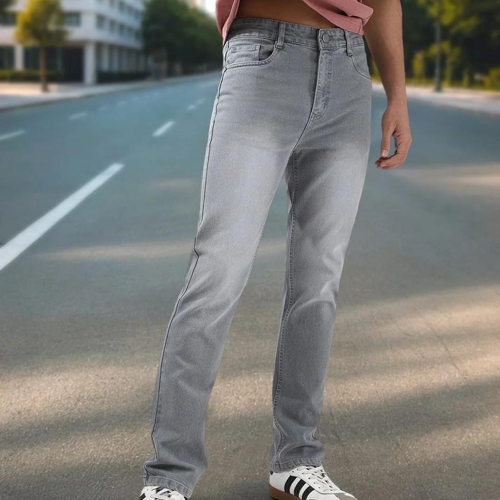 Men's Light Grey Straight Fit Washed Jeans Stretchable