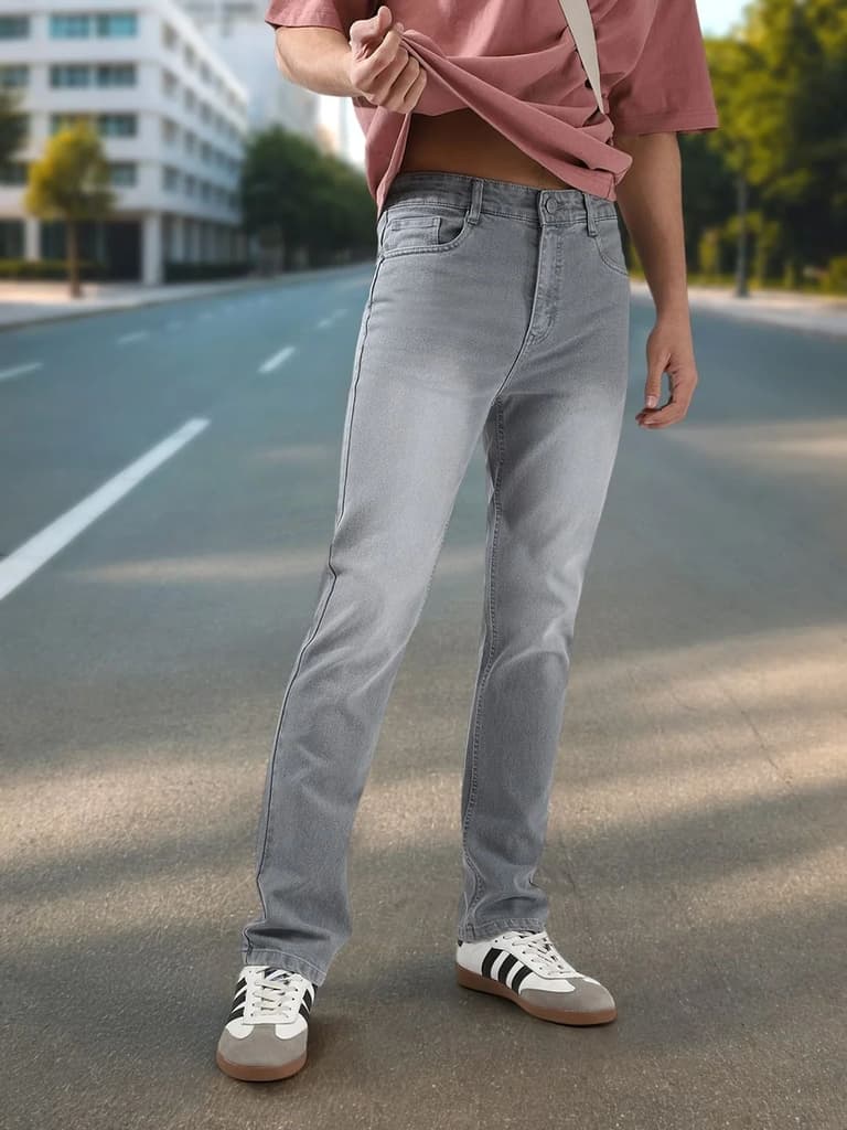 Men's Light Grey Straight Fit Washed Jeans Stretchable — 28 / Light Grey