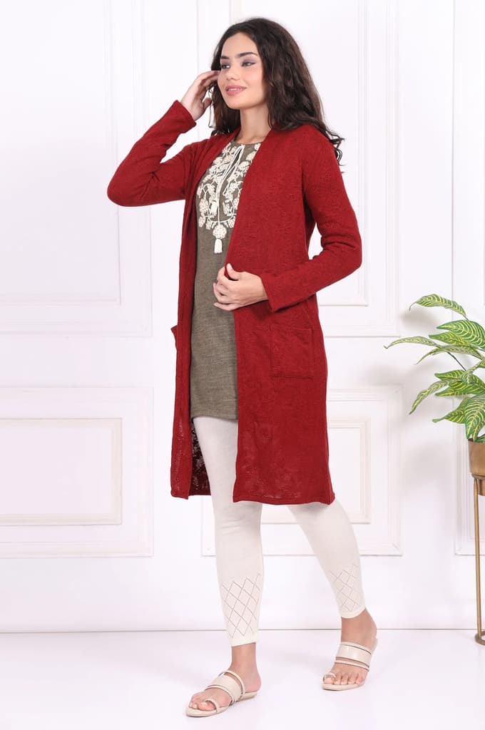 Red Solid Straight Knitting Cardigan — photo 4