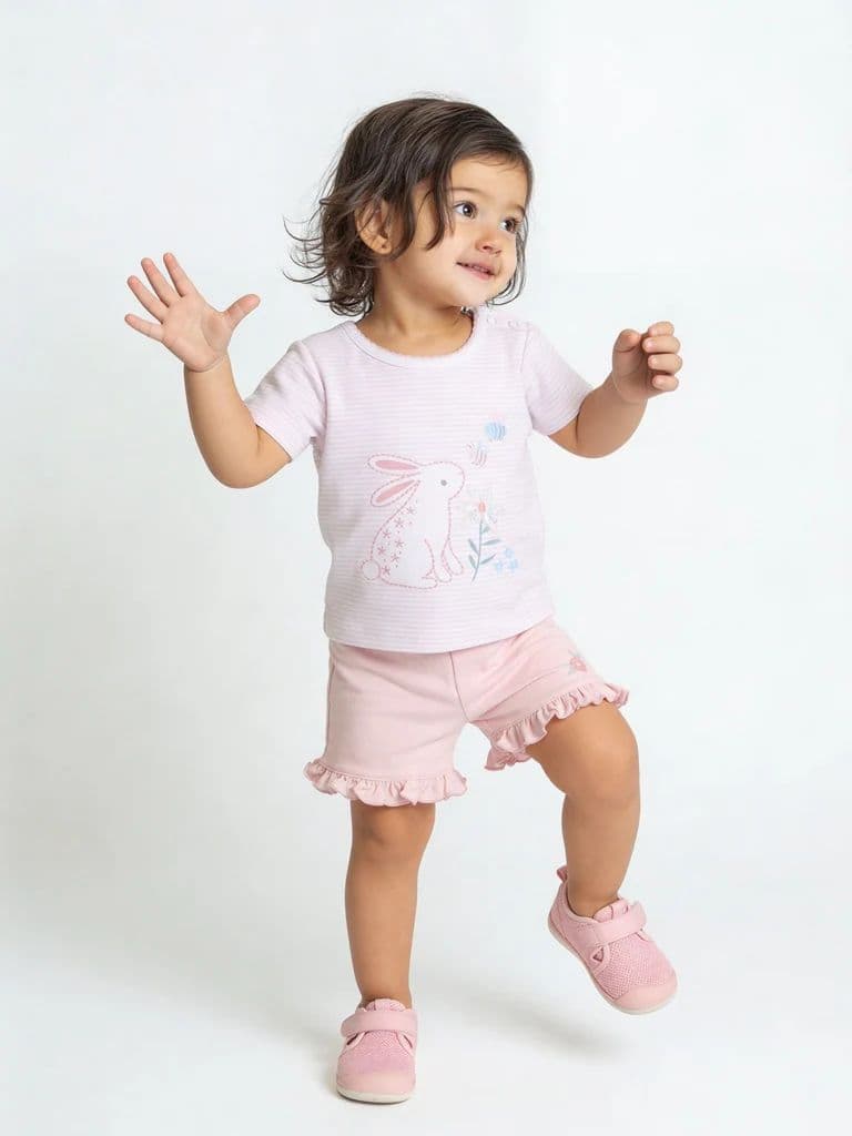HOP Baby Girls Pink Printed Cotton Top and Shorts Set