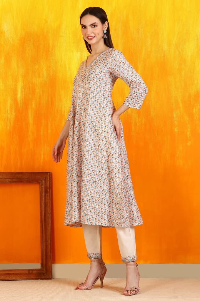 Off-White Floral Printed Pure Cotton Flared Kurta, Pants and Dupatta Set — photo 5
