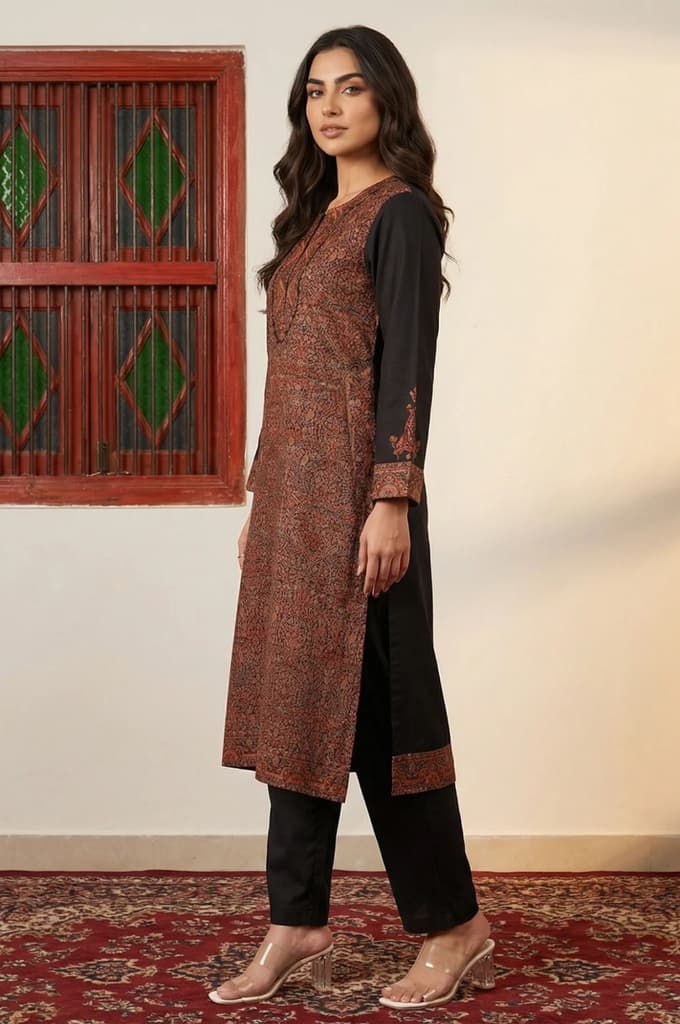Black Ethnic Motifs Jacquard Straight Kurta with Pants and Dupatta Set — photo 5