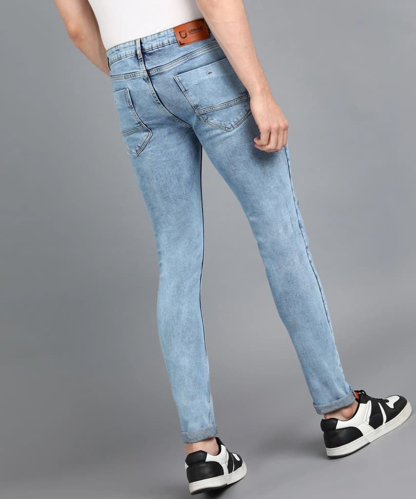 Men's Sky Blue Slim Fit Washed Mild Distressed/Torn Jeans Stretchable — photo 4