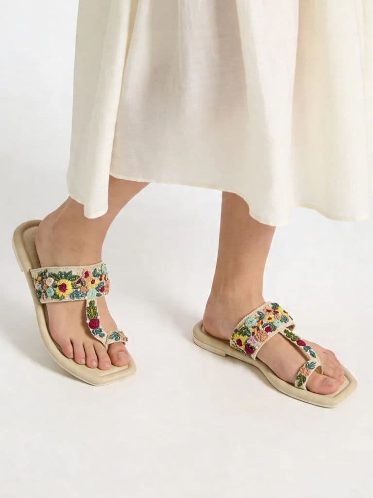 LUNA BLU Multicolor Floral-Embroidered Kolhapuri Sandals