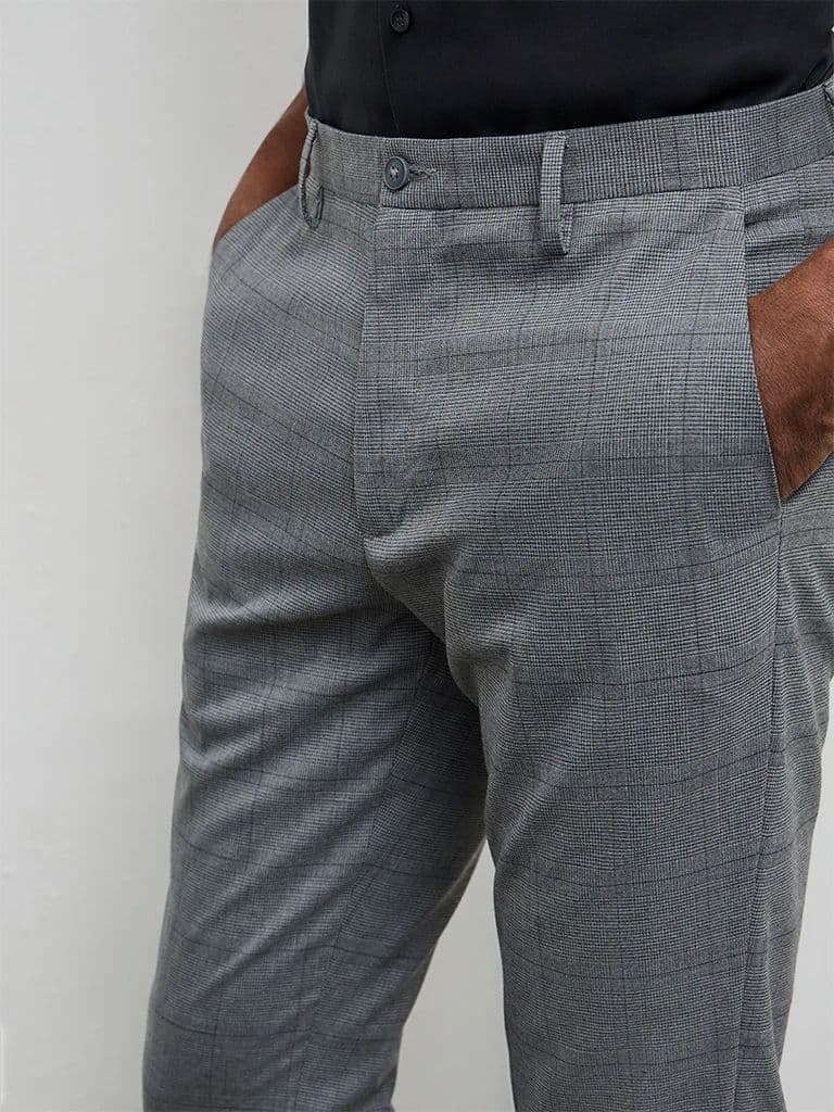 WES Formals Grey Plaid Checkered Slim-Fit Mid-Rise Trousers — photo 3