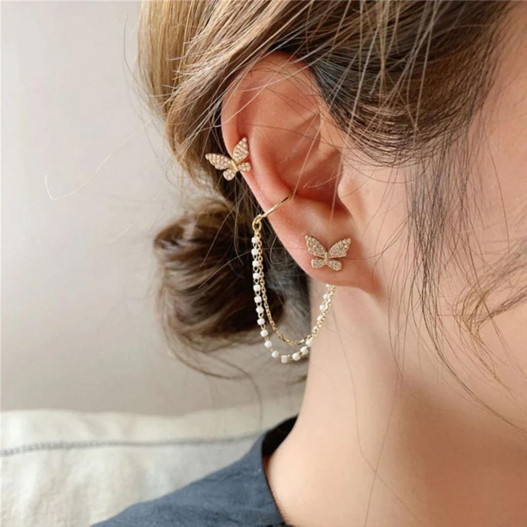 Butterfly Ear Stud with Pearl Chain Cuff – Elegant Single Statement Earring