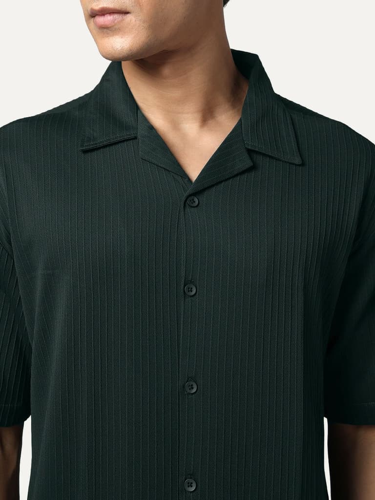 Men's Dark Green Cotton Half Sleeve Oversized Fit Textured Shirt with Cuban Collar — photo 5